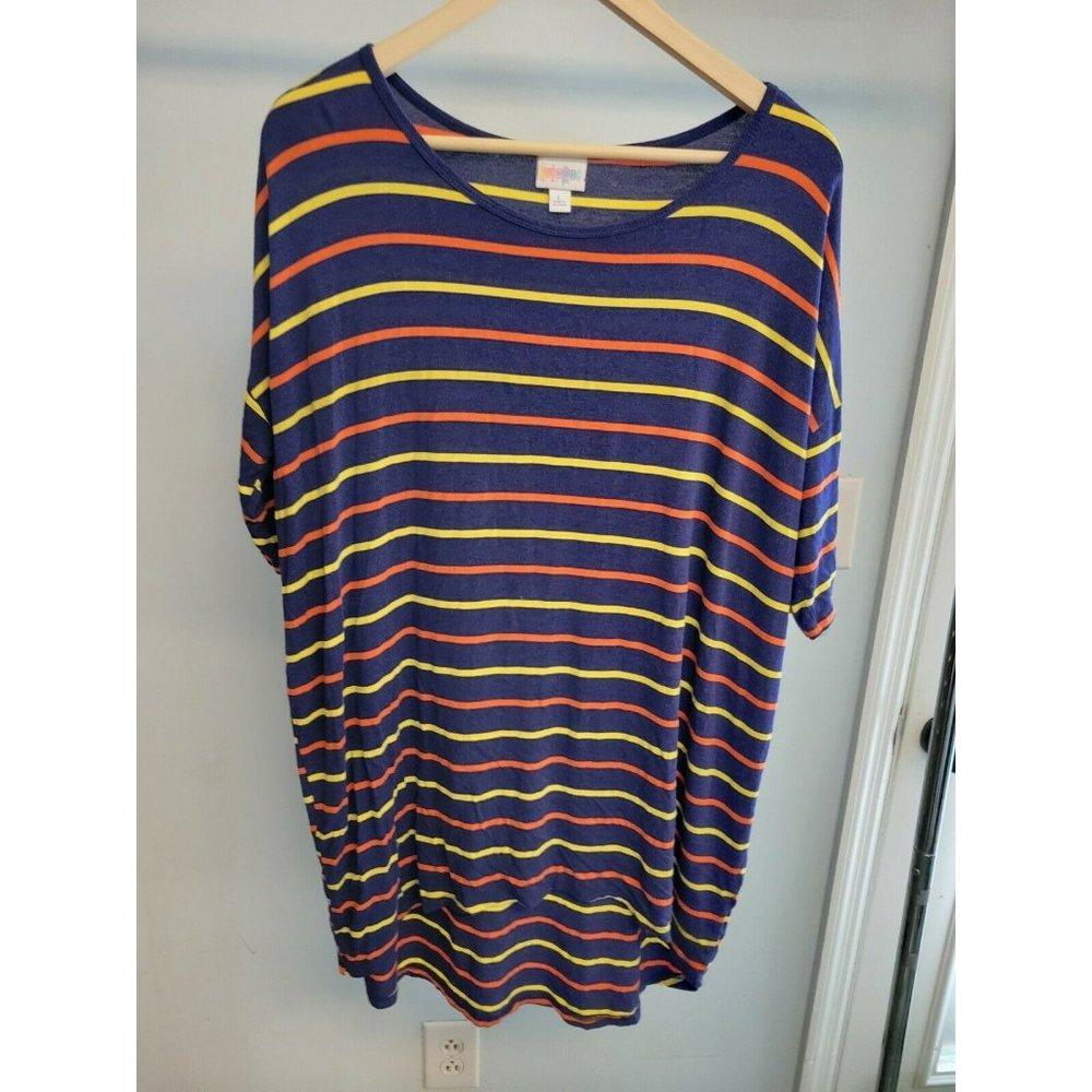Lularoe Irma Tunic Large Blue w/ Bright Yellow Orange Stripes
